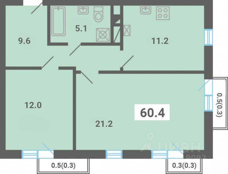 2-комн. квартира, 60,4 м², в Малоэтажный ЖК «Южная Долина»