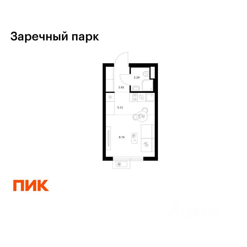 Квартира-студия, 19,95 м², в ЖК Заречный парк