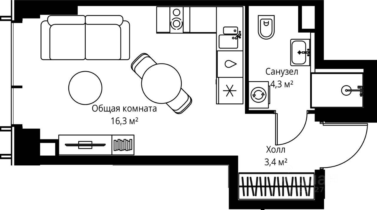 Планировка 1 комнатной квартиры, 24 м², в «Veer»