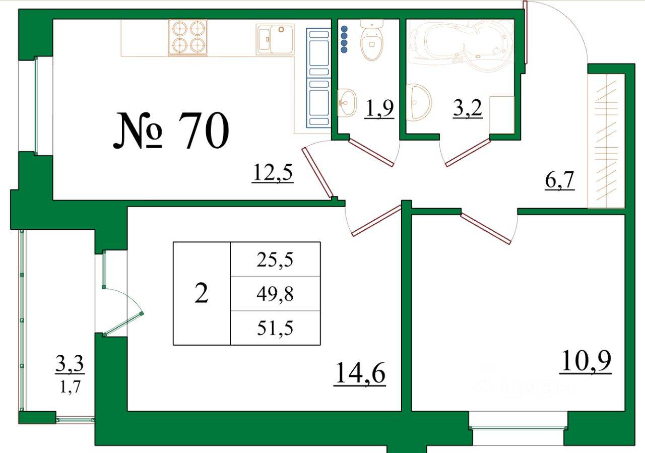 2-комн. квартира, 51,5 м², в ЖК Орловский бульвар