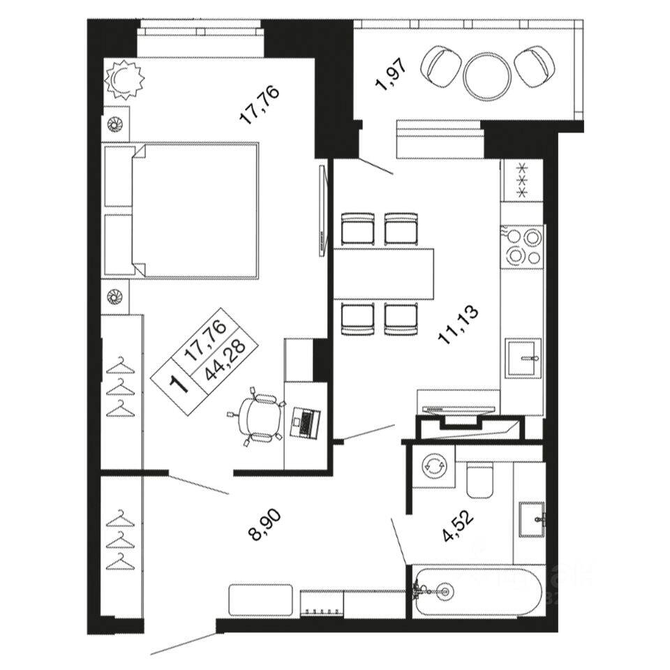 1-комн. квартира, 44,3 м², в ЖК «Времена года»