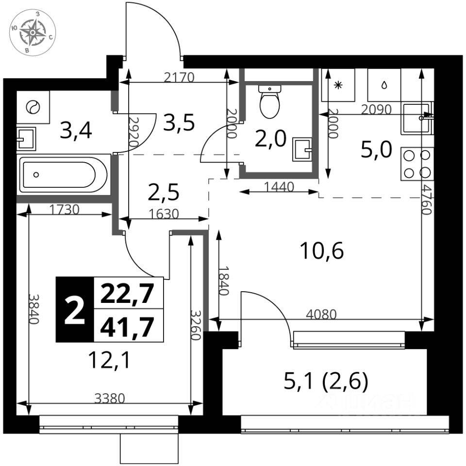 2-комн. квартира, 41,7 м², в ЖК 1-й Ясеневский