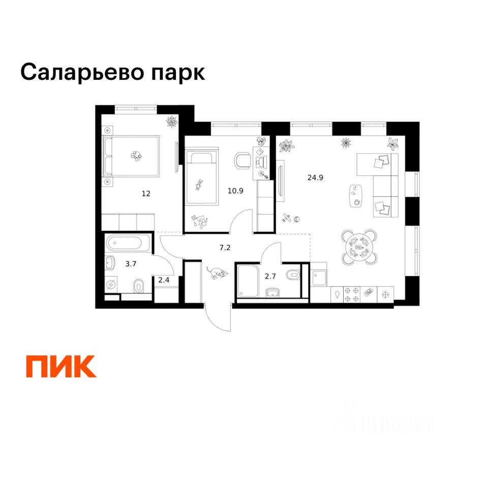 2-комн. квартира, 63,8 м², в ЖК «Саларьево парк»