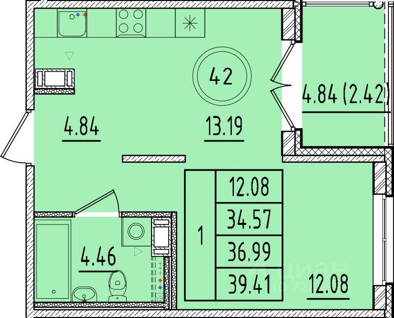 1-комн. квартира, 34,57 м², в Малоэтажный ЖК Образцовый квартал 17