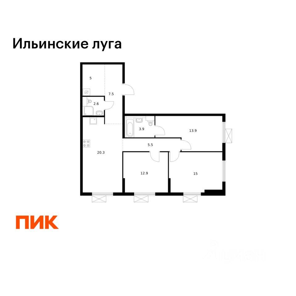 3-комн. квартира, 86,6 м², в ЖК «Ильинские луга»