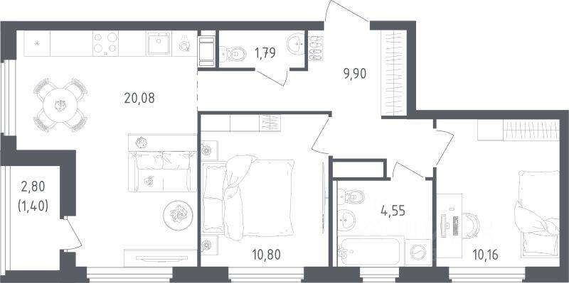 2-комн. квартира, 58,68 м², в ЖК Южная Нева