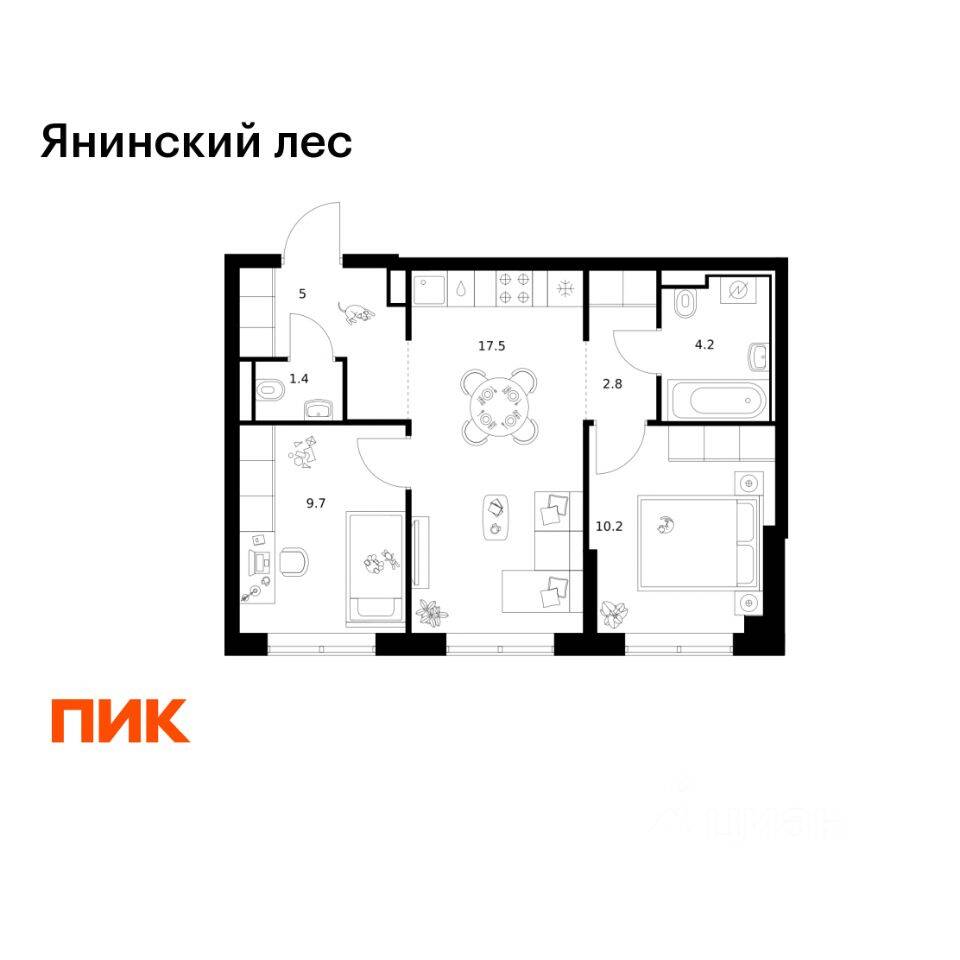 2-комн. квартира, 50,8 м², в ЖК Янинский лес