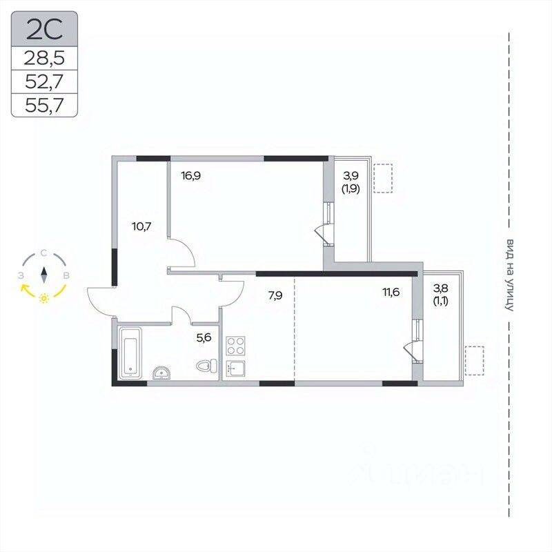 2-комн. квартира, 55,7 м², в ЖК «Пироговская Ривьера»