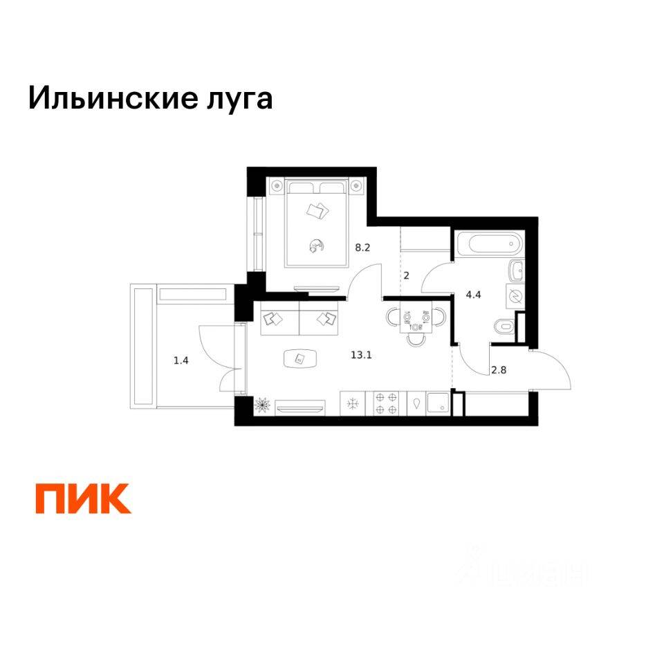 1-комн. квартира, 31,9 м², в ЖК «Ильинские луга»