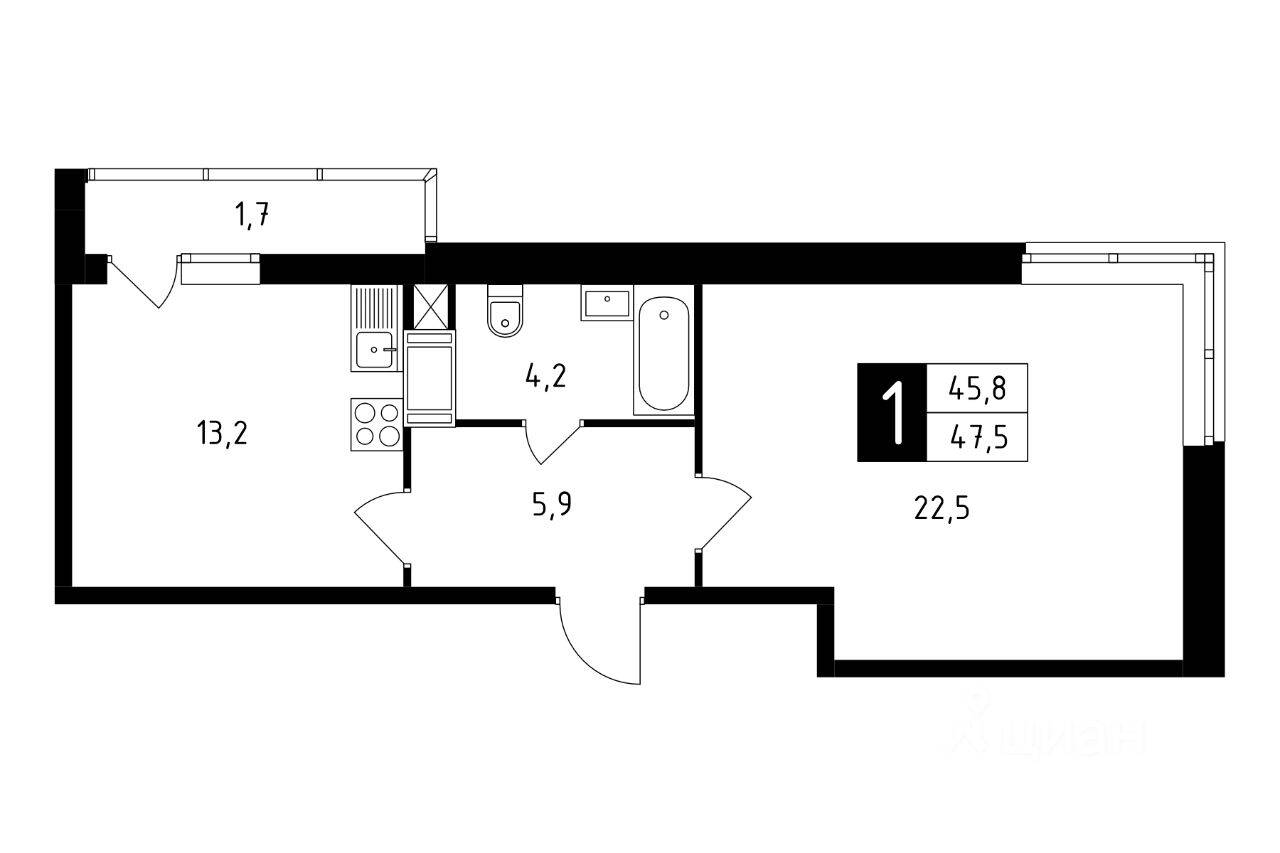 1-комн. квартира, 47,5 м², в ЖК Красная горка