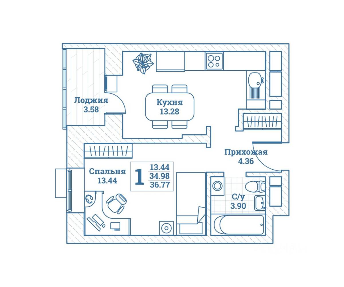 1-комн. квартира, 36,77 м², в ЖК Новоград Монино