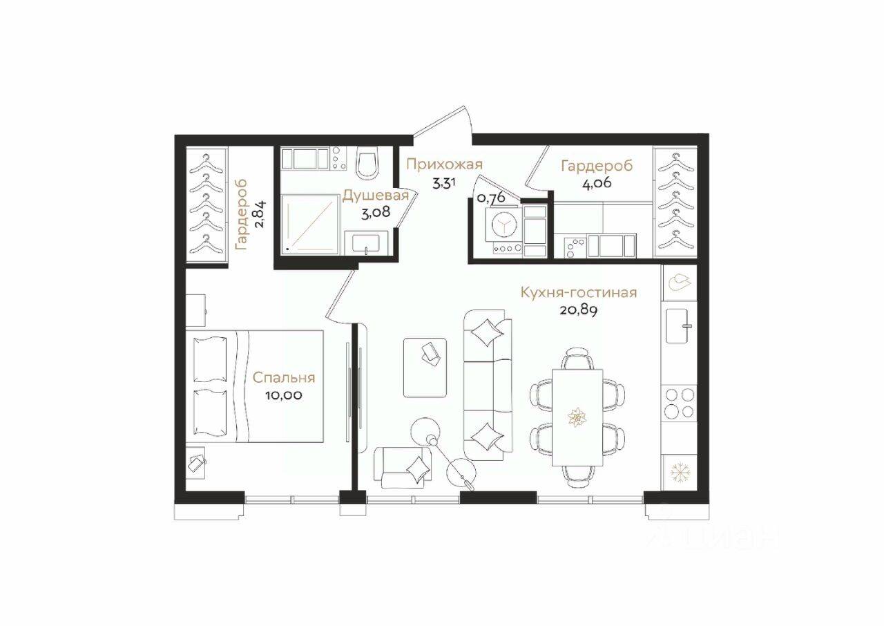 1-комн. квартира, 44,94 м², в ЖК ID Petrogradskaya