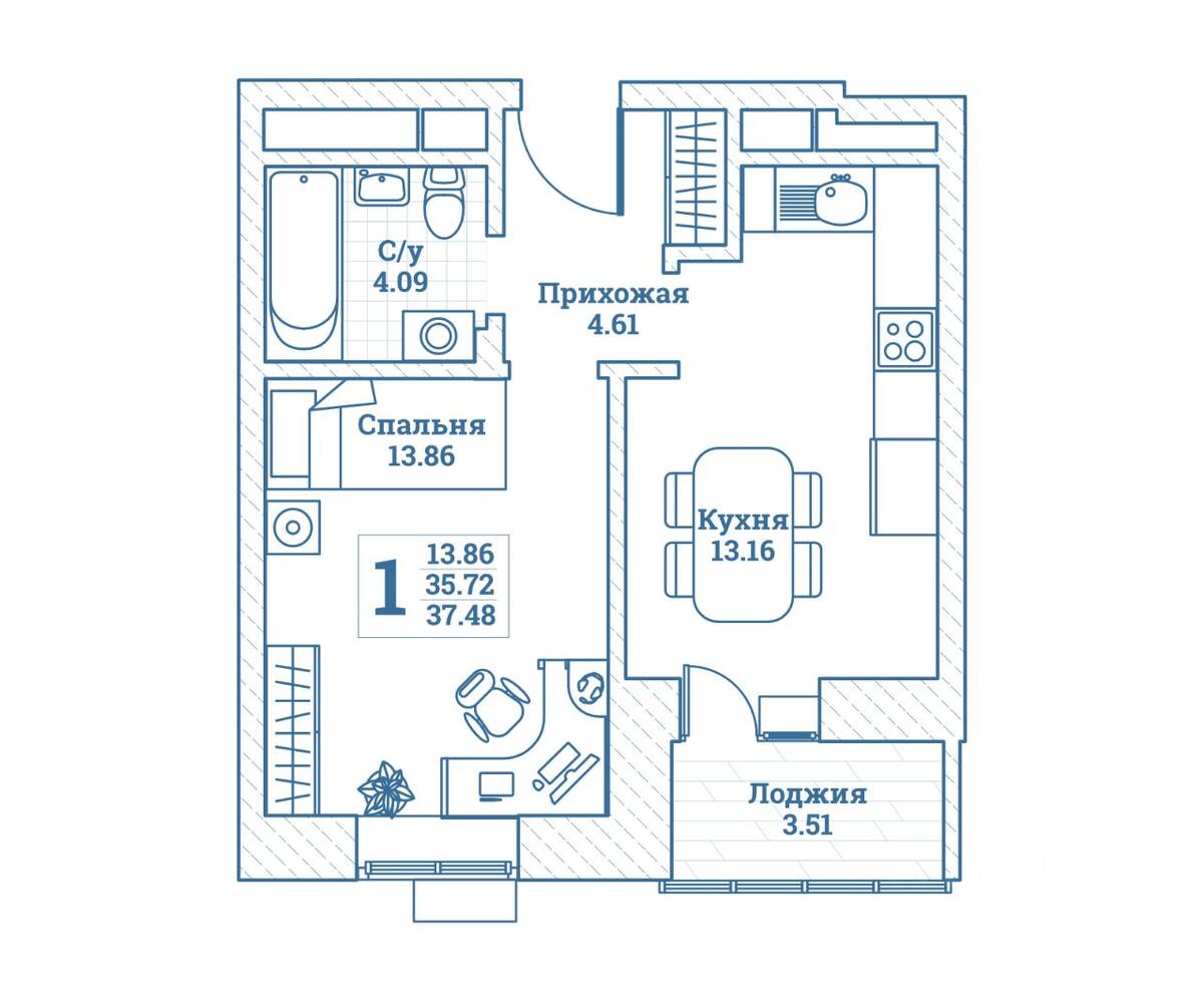 1-комн. квартира, 37,48 м², в ЖК Новоград Монино