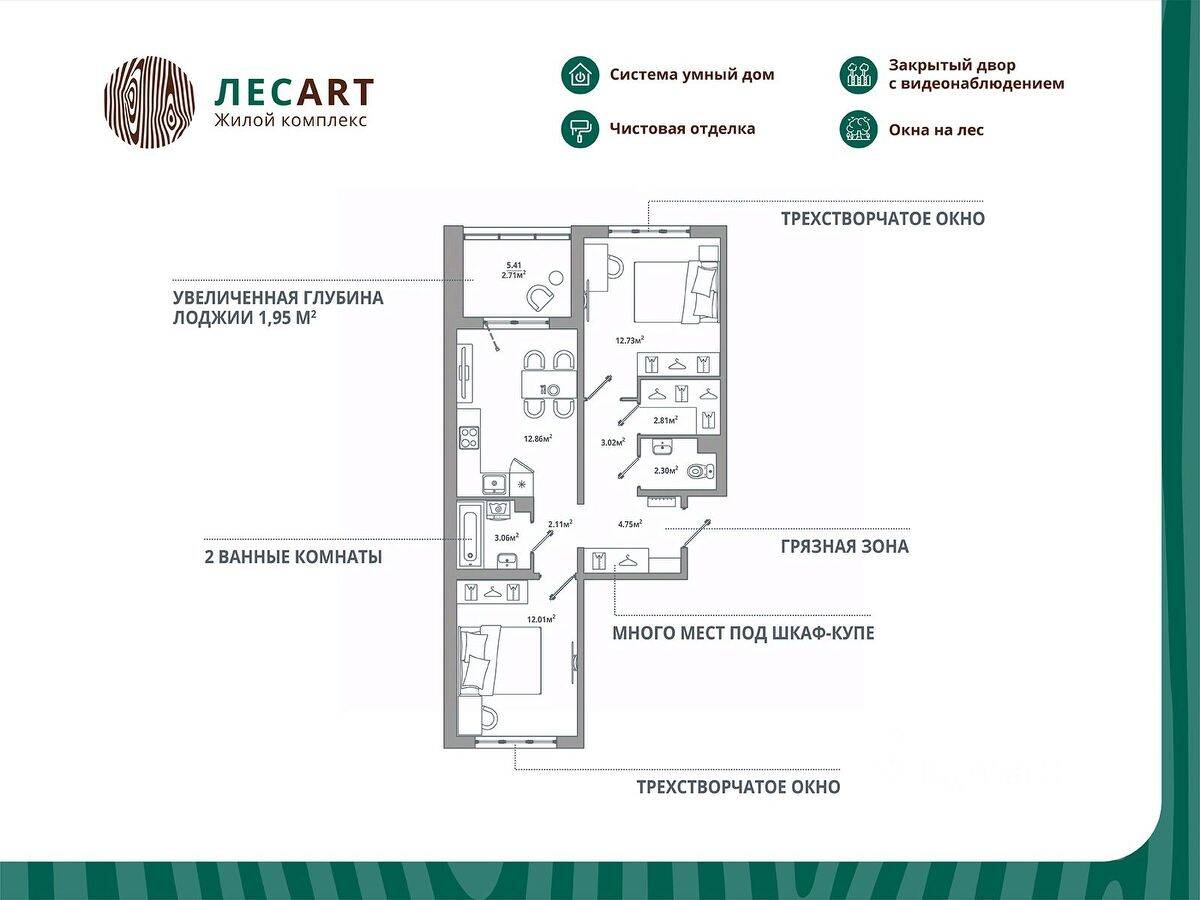 2-комн. квартира, 58,36 м², в ЖК ЛесART