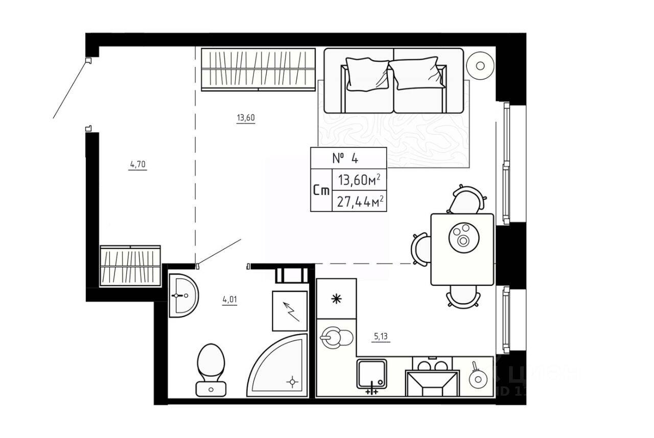 Квартира-студия, 27,44 м², в Малоэтажный ЖК Аннино Сити
