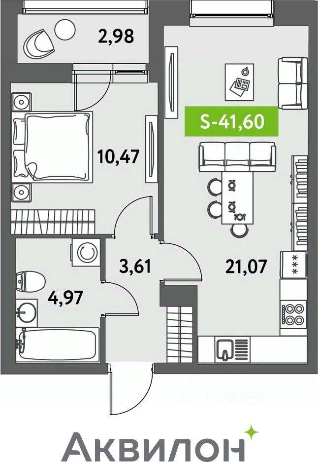 1-комн. квартира, 41,6 м², в ЖК Аквилон Leaves