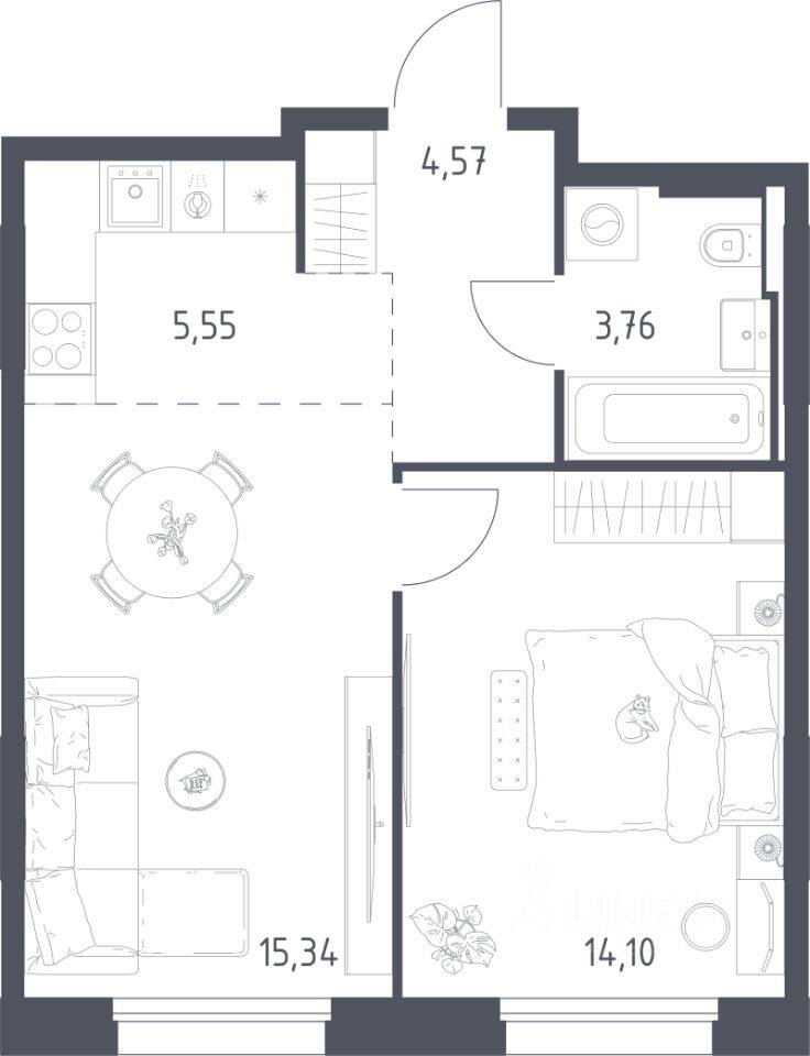 1-комн. квартира, 43,32 м², в ЖК Заречье Парк