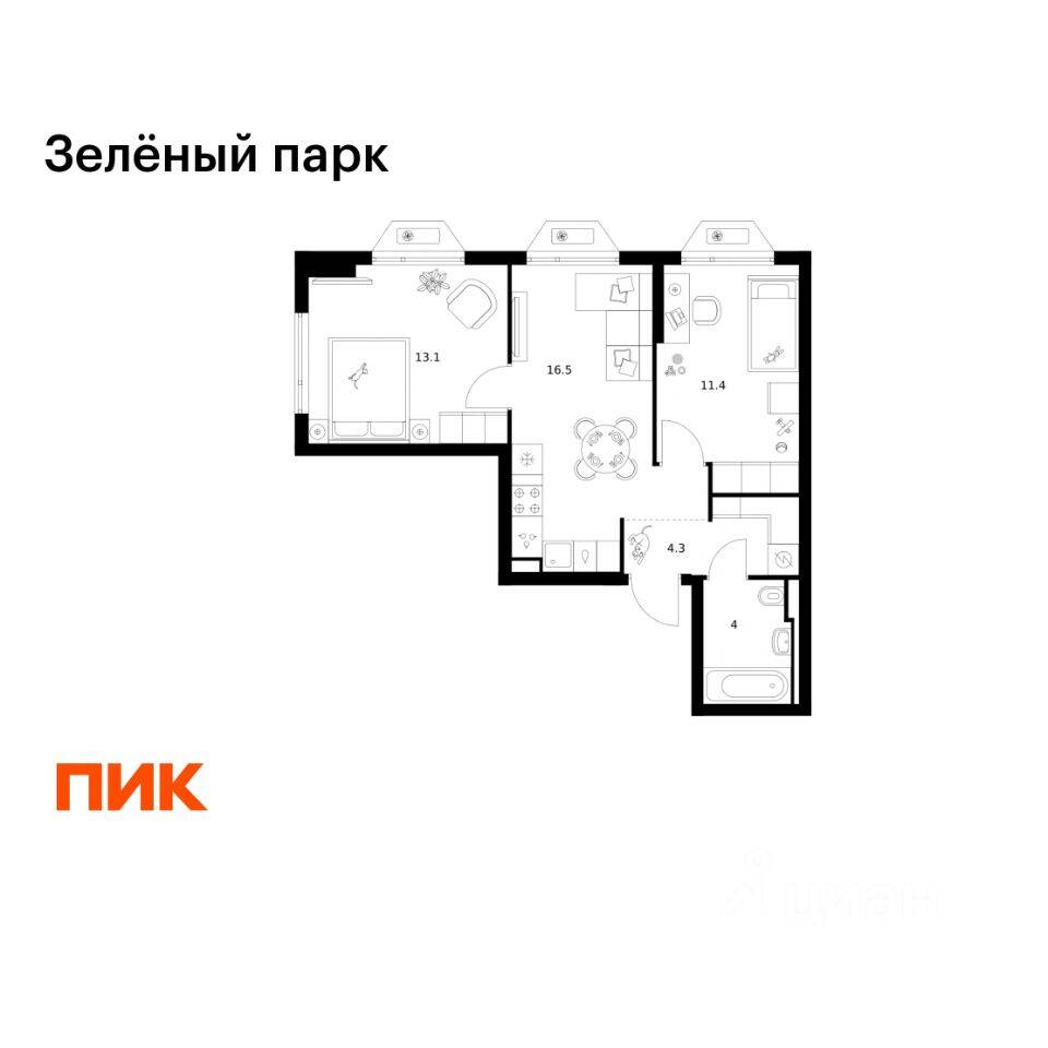 2-комн. квартира, 49,3 м², в ЖК Зеленый парк