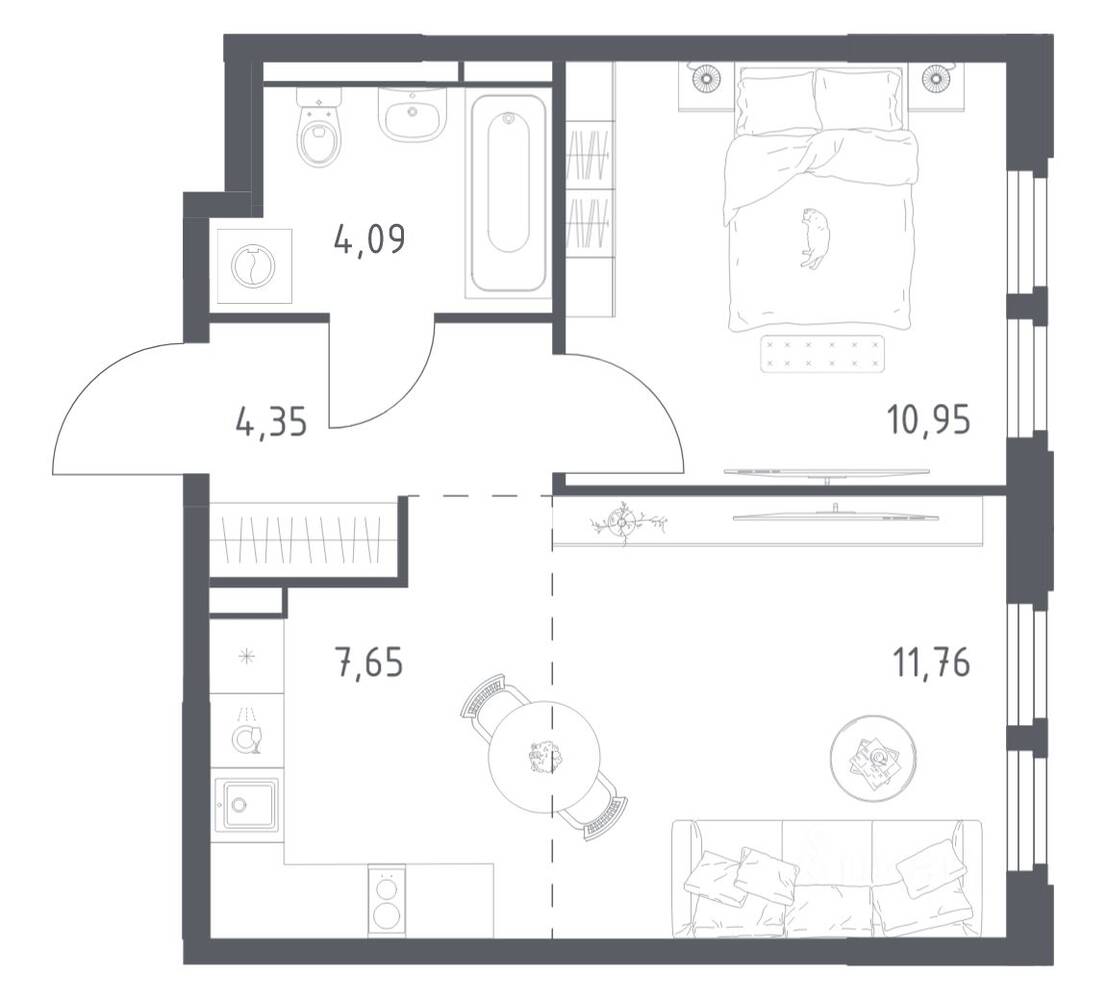 1-комн. квартира, 38,8 м², в ЖК Космический Квартал