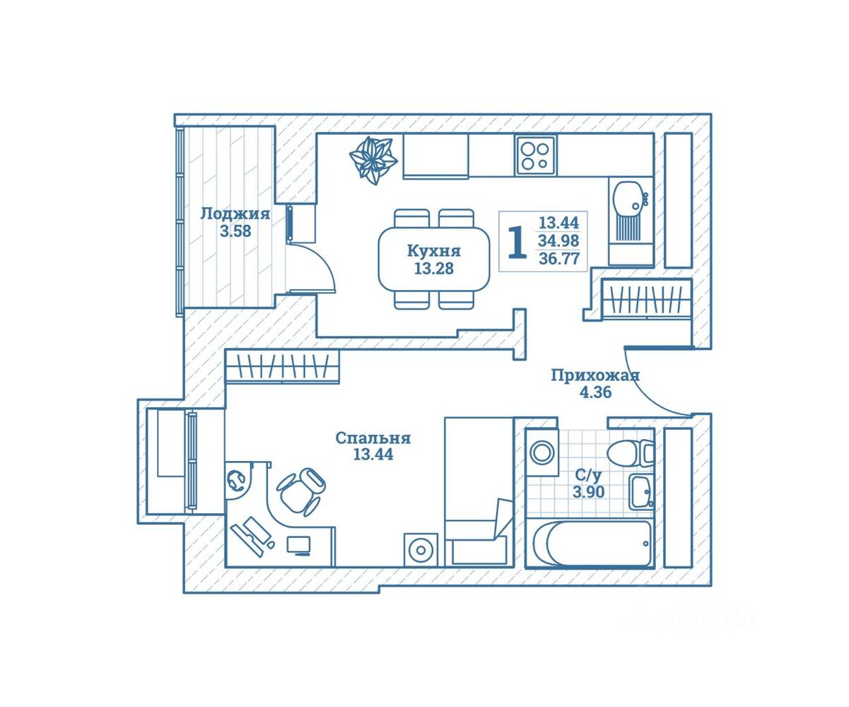 1-комн. квартира, 37 м², в ЖК Новоград Монино