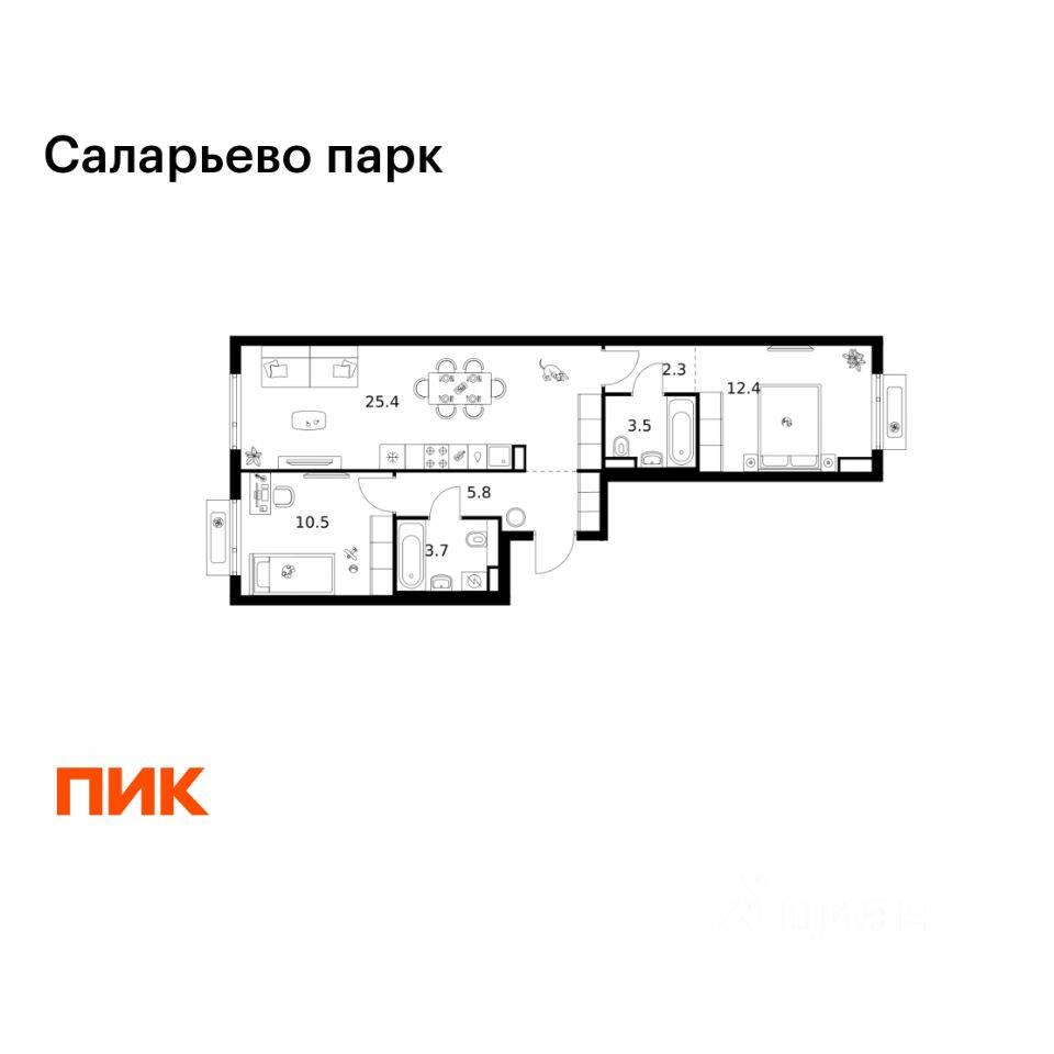 2-комн. квартира, 63,6 м², в ЖК «Саларьево парк»