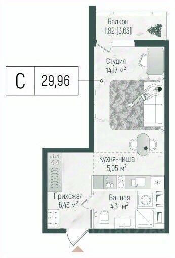 Квартира-студия, 31,78 м², в ЖК Riga Hills