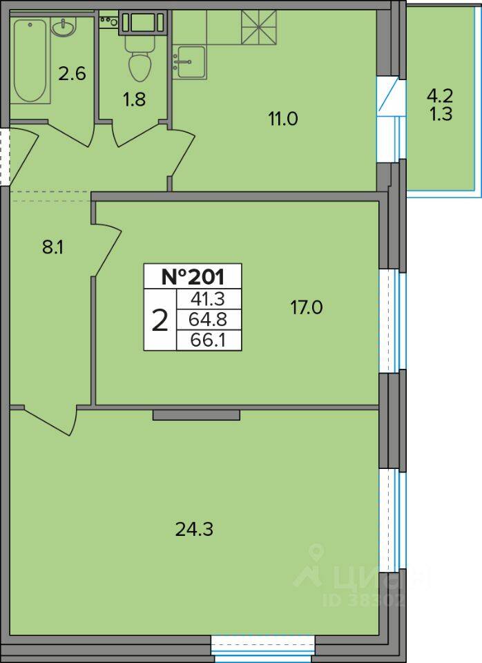 2-комн. квартира, 66,1 м², в ЖК Смарт