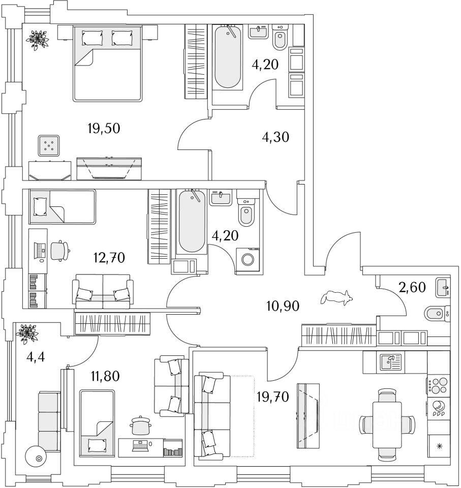 3-комн. квартира, 92,8 м², в ЖК Тайм Сквер