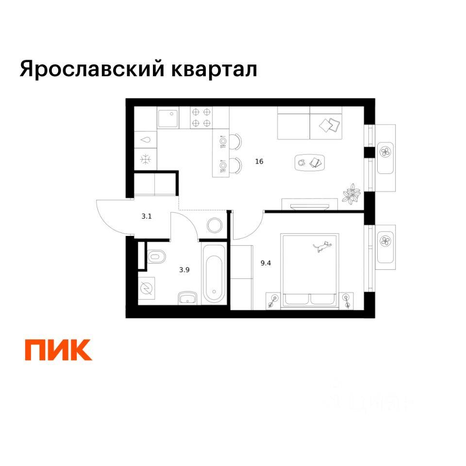 1-комн. квартира, 32,4 м², в ЖК Ярославский квартал