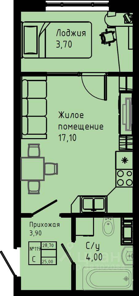 Планировка 1 комнатной квартиры, 28.7 м², в «Pixel»