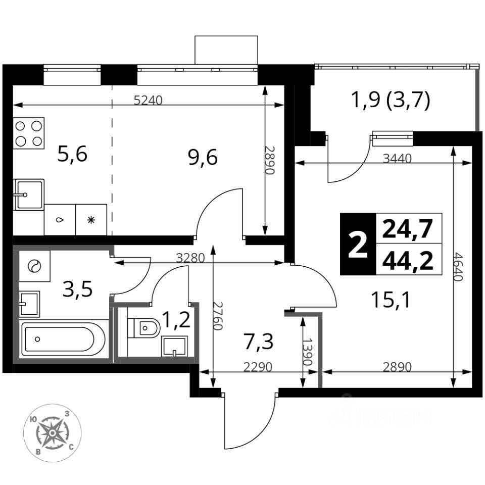 2-комн. квартира, 44,4 м², в ЖК «Южная Битца»