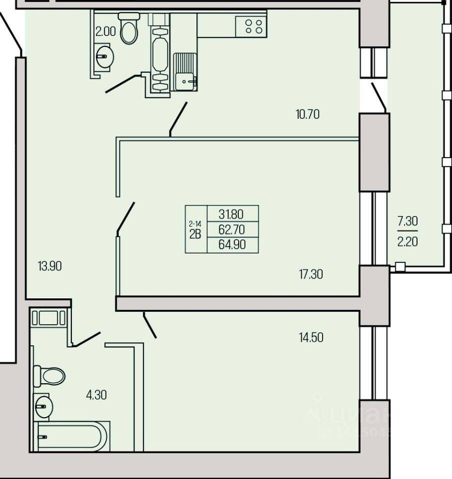 2-комн. квартира, 67,1 м², в ЖК Экос