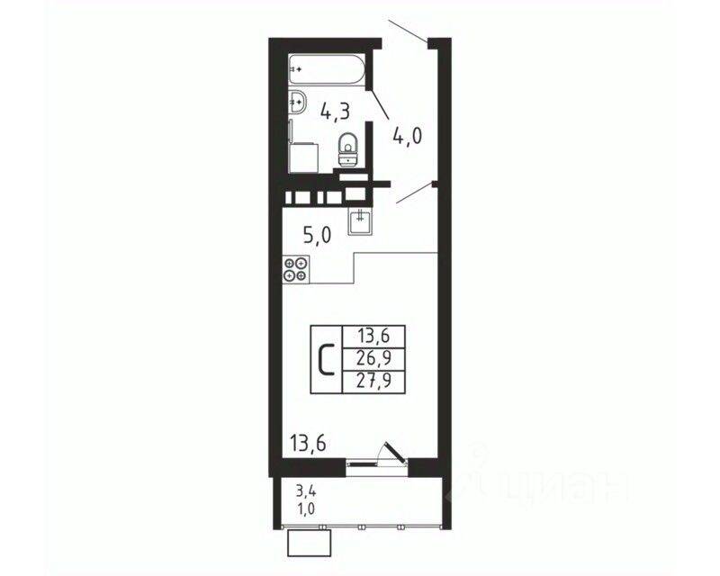 Квартира-студия, 27,9 м², в ЖК «Пироговская Ривьера»