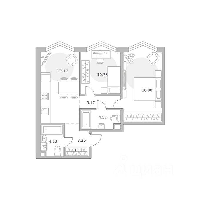 2-комн. квартира, 61,02 м², в ЖК «Мнёвники от Гранель»