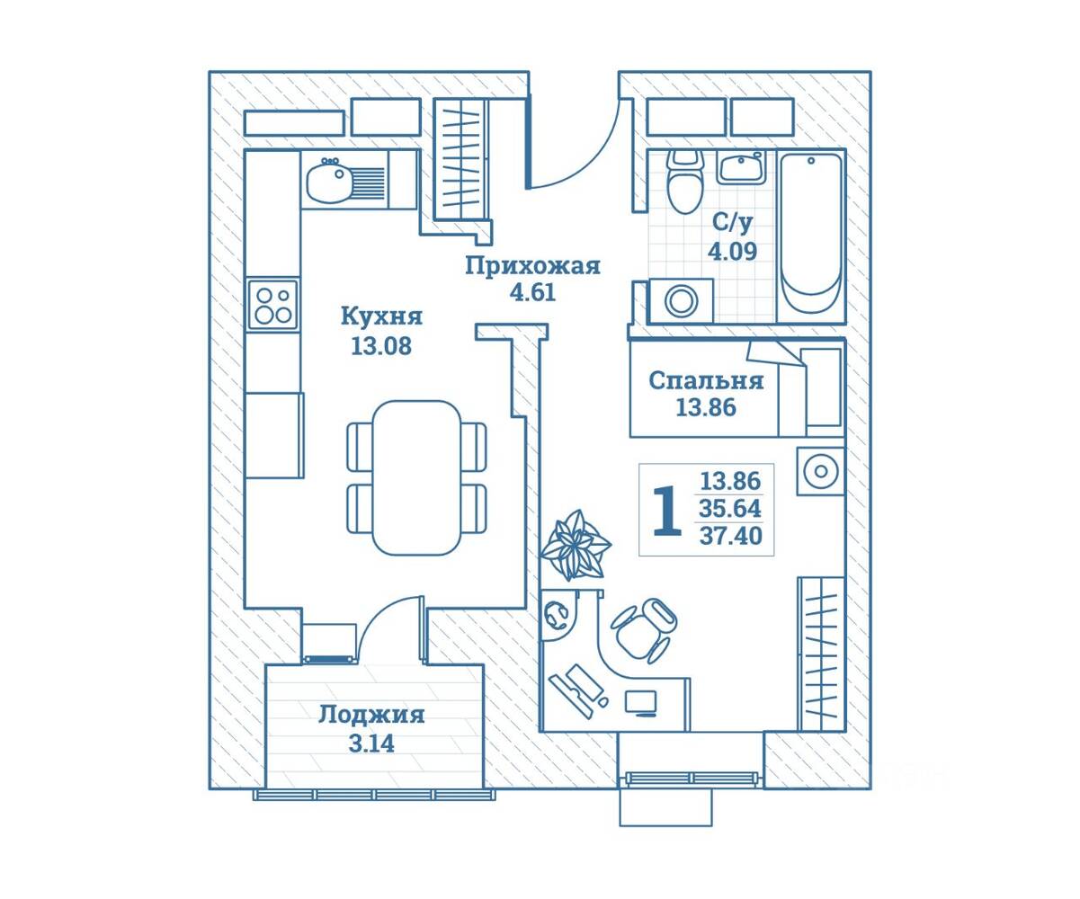 1-комн. квартира, 37,21 м², в ЖК Новоград Монино