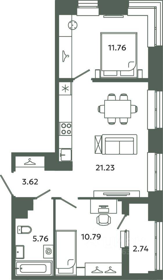 2-комн. квартира, 53,16 м², в ЖК Загляденье