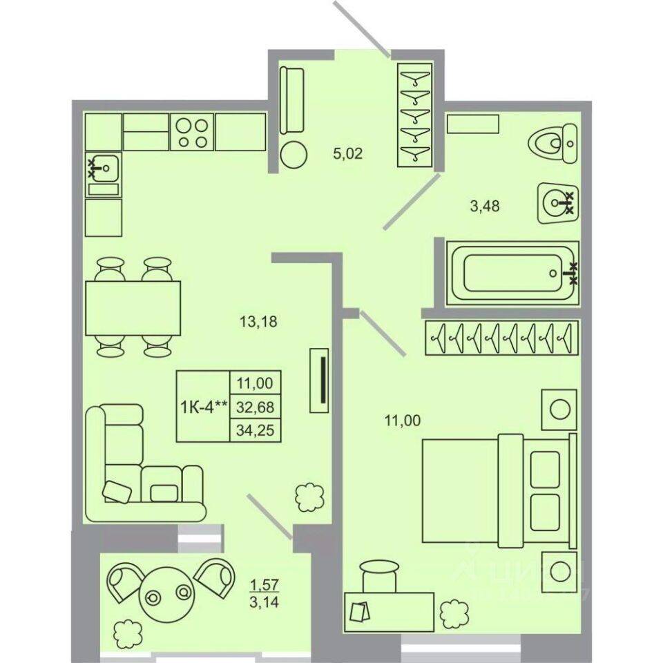 Планировка 1 комнатной квартиры, 34.25 м², в «Стороны света-2»