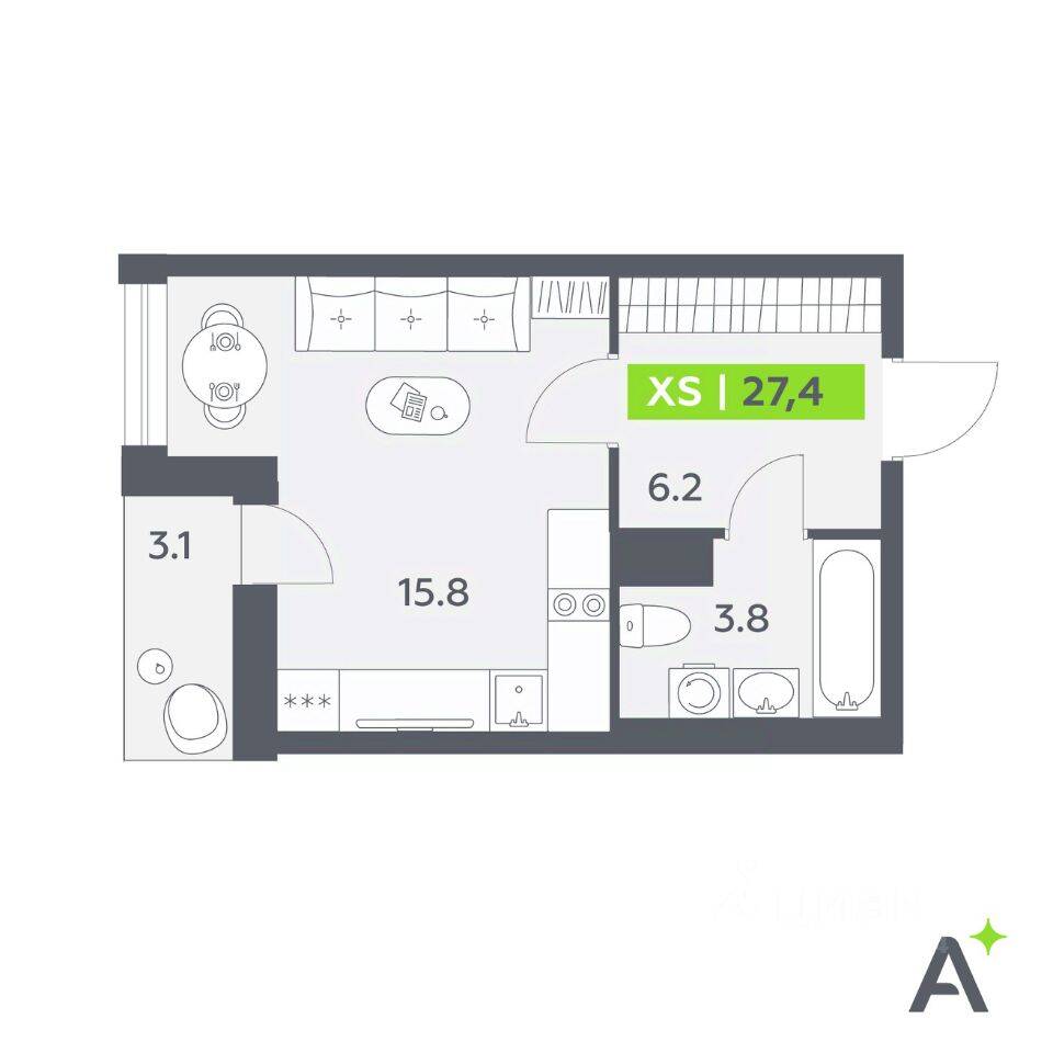 Планировка 1 комнатной квартиры, 27.4 м², в «Аквилон All in 3.0»
