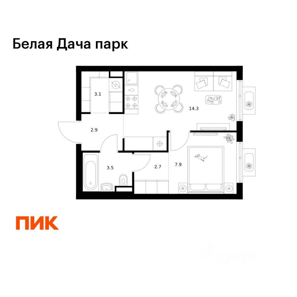 1-комн. квартира, 34,4 м², в ЖК «Белая Дача парк»