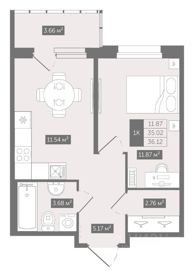 1-комн. квартира, 36,12 м², в ЖК UP-квартал «Воронцовский»