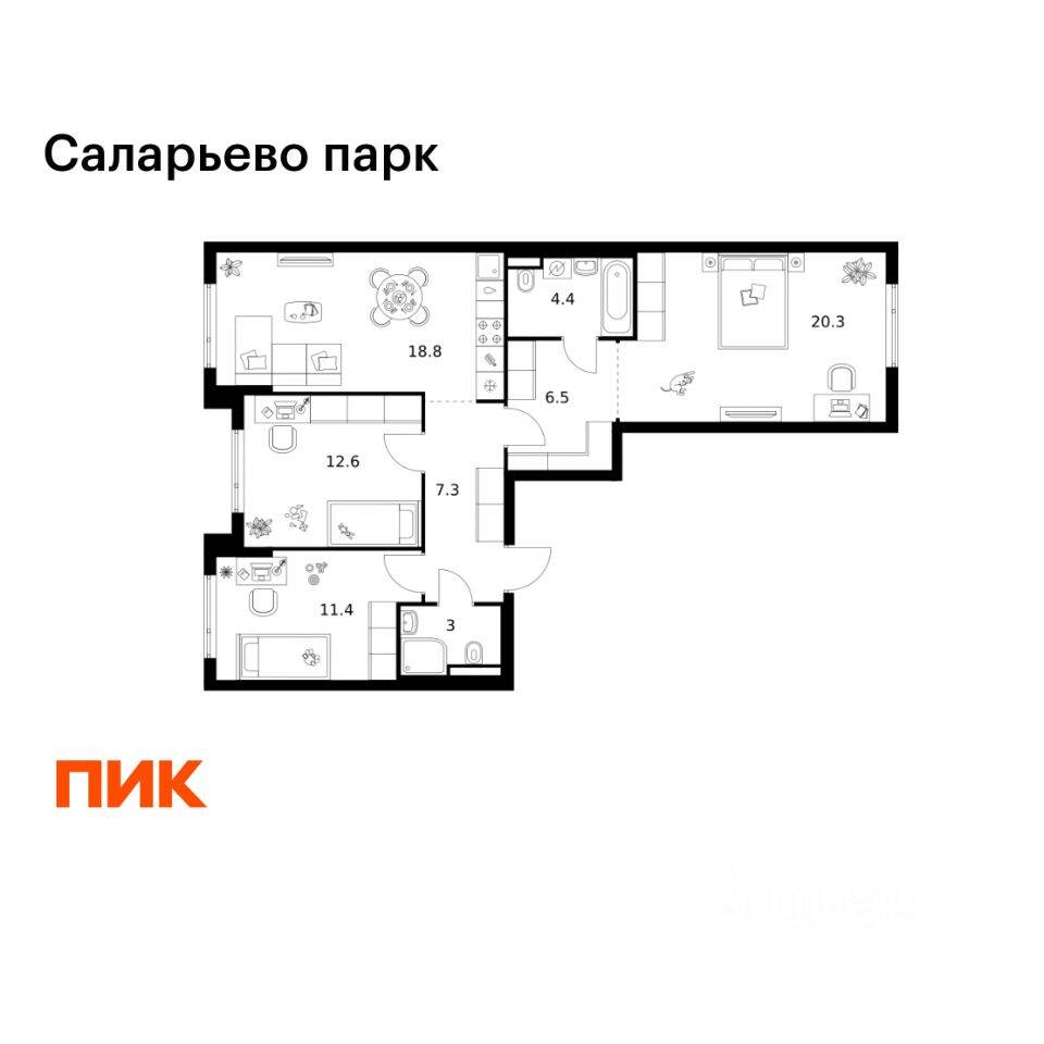 3-комн. квартира, 84,3 м², в ЖК «Саларьево парк»