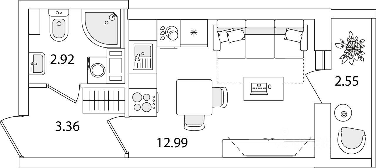 Планировка 1 комнатной квартиры, 20.55 м², в «Кинопарк»