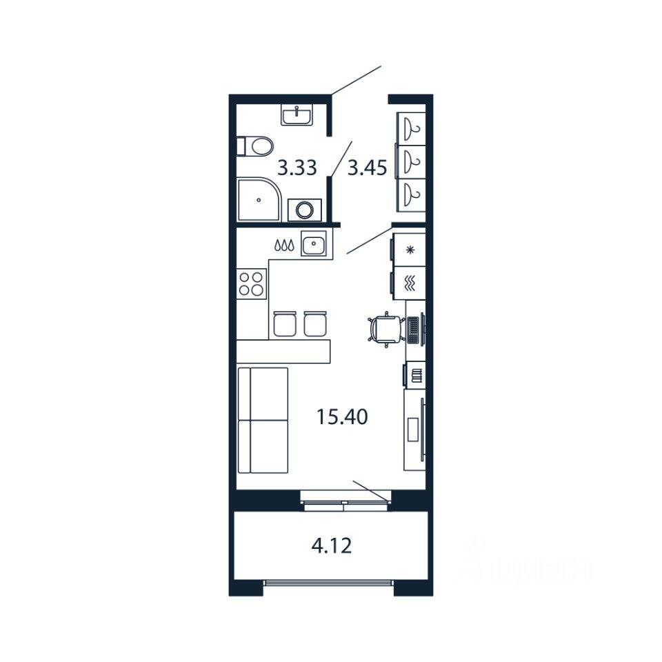 Планировка 1 комнатной квартиры, 21.9 м², в «Полис Новоселье»