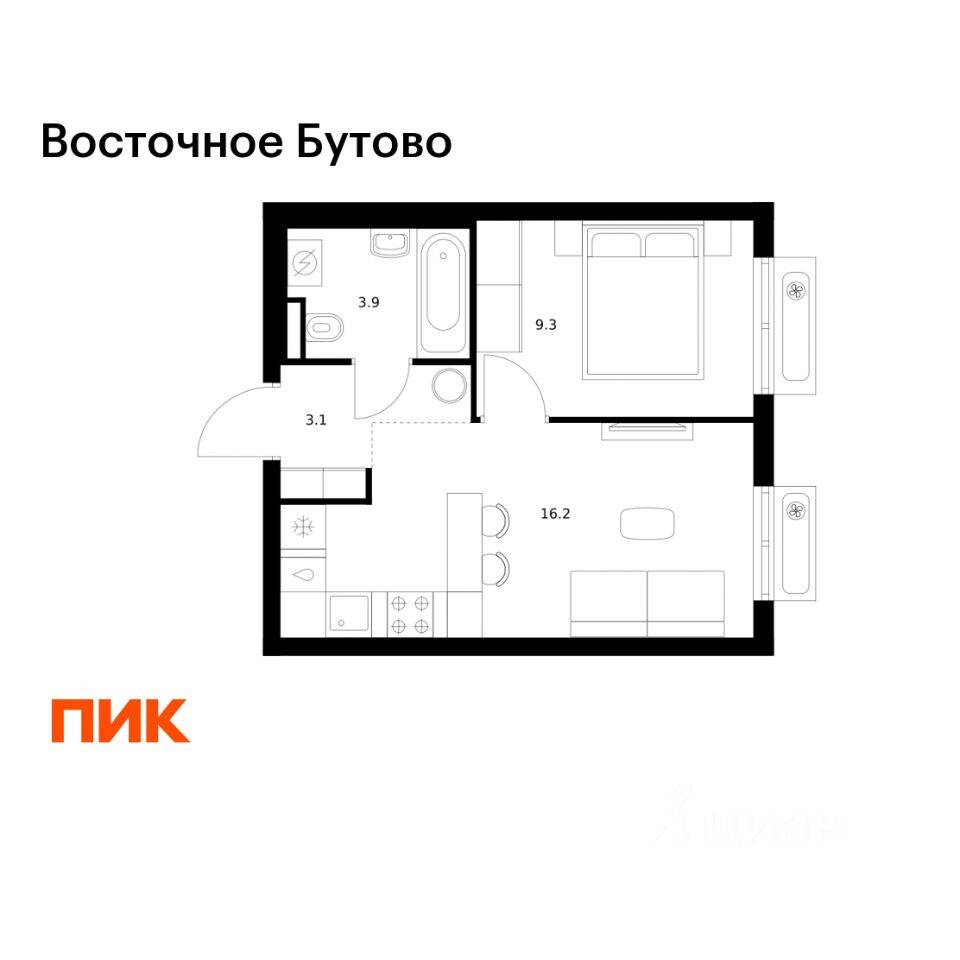 1-комн. квартира, 32,5 м², в ЖК «Восточное Бутово»