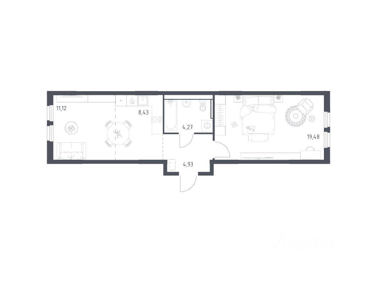 1-комн. квартира, 48,23 м², в ЖК «Пригород Лесное»