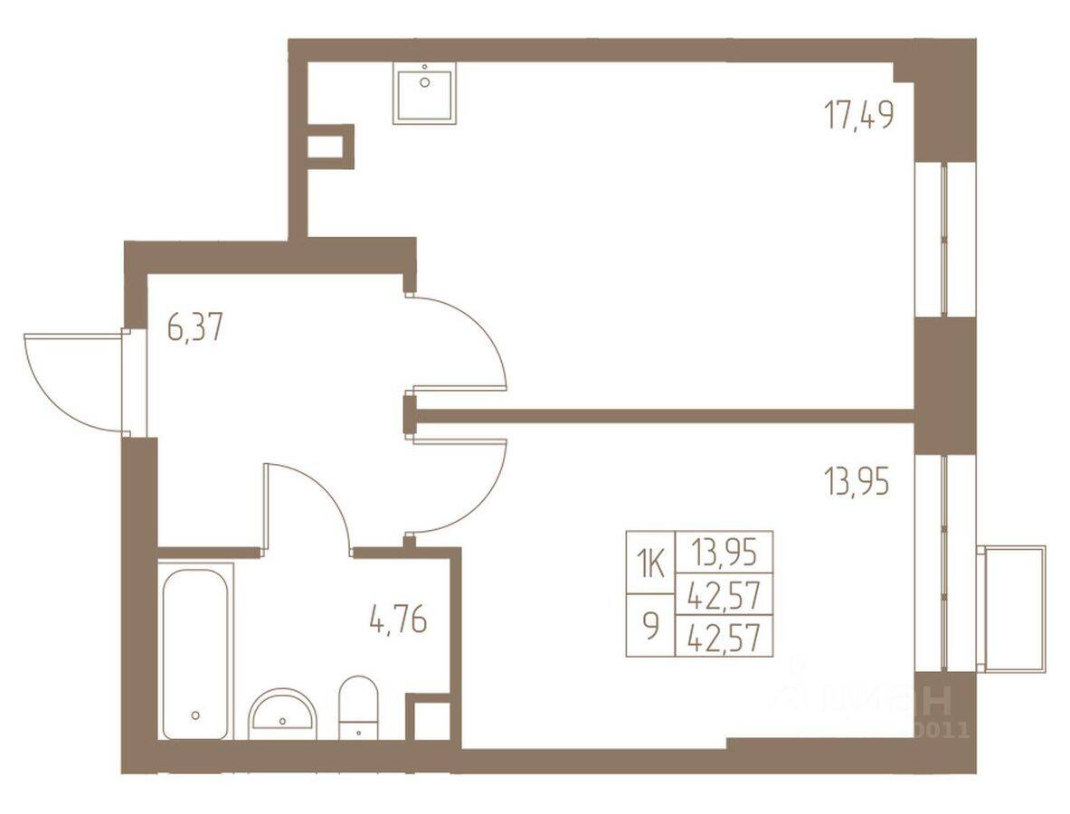 1-комн. квартира, 42,57 м², в ЖК Фабрикант