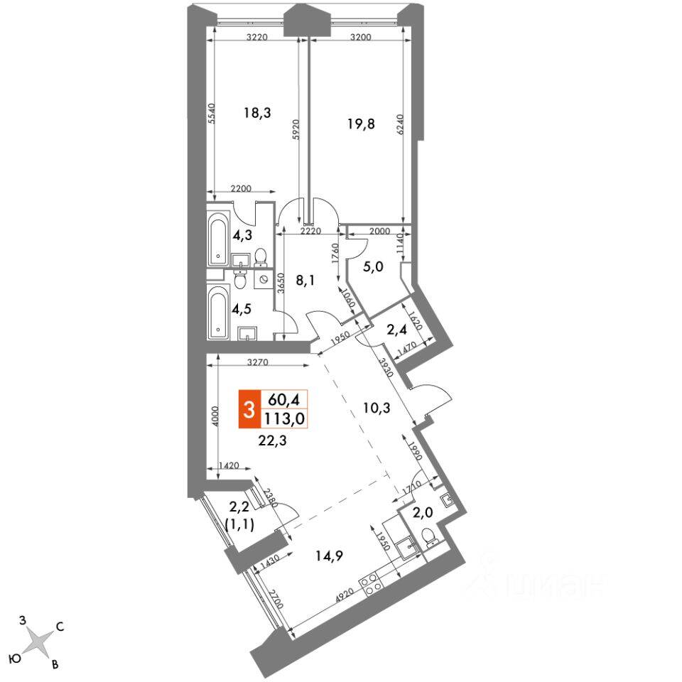 Планировка 3 комнатной квартиры, 113 м², в «Архитектор»