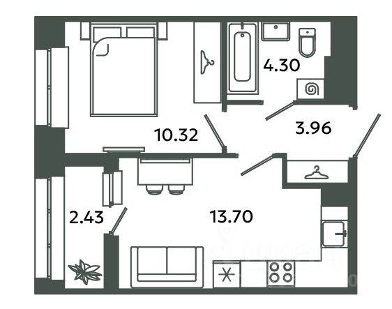 1-комн. квартира, 32,28 м², в ЖК Загляденье