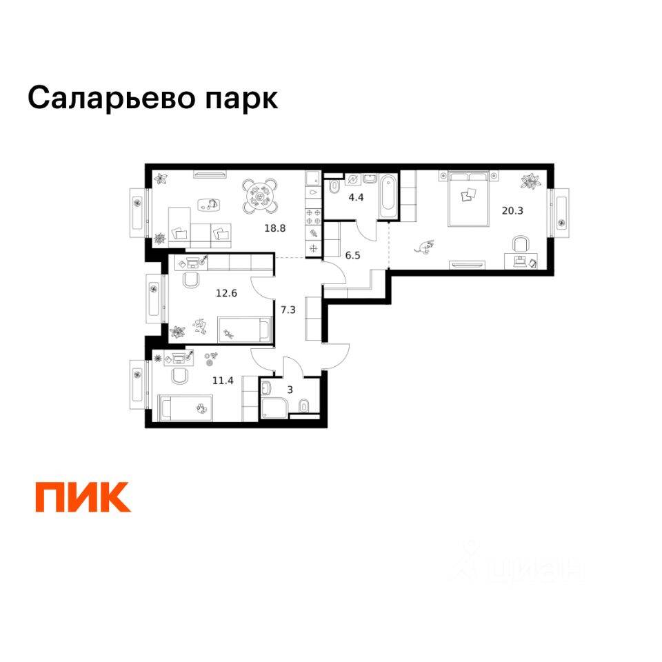 3-комн. квартира, 84,3 м², в ЖК «Саларьево парк»