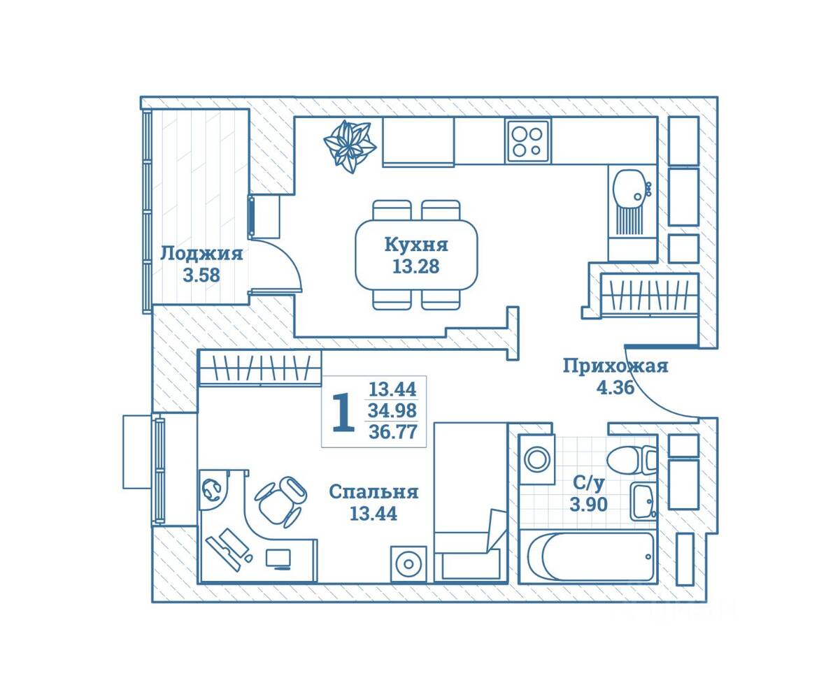 1-комн. квартира, 36,77 м², в ЖК Новоград Монино